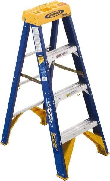 Werner - 4 Steps, 4' High, Type IAA Rating, Fiberglass Step Ladder - 375 Lb Load Capacity, 19-7/8" Base Width - Caliber Tooling