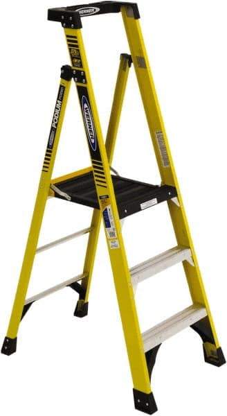 Werner - 3 Steps, 3' High, Type IAA Rating, Fiberglass Step Ladder - 375 Lb Load Capacity, 26-3/8" Base Width - Caliber Tooling