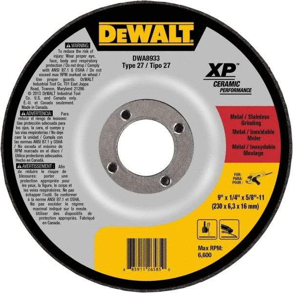 DeWALT - 24 Grit, 9" Wheel Diam, Type 27 Depressed Center Wheel - Coarse/Medium Grade, Ceramic, N Hardness, 6,600 Max RPM - Caliber Tooling