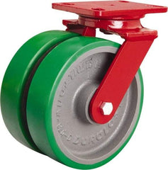 Hamilton - 8" Diam x 2" Wide x 9-3/4" OAH Top Plate Mount Swivel Caster - Polyurethane Mold onto Cast Iron Center, 3,000 Lb Capacity, Tapered Roller Bearing, 4-1/2 x 6-1/2" Plate - Caliber Tooling