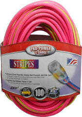 Southwire - 100', 12/3 Gauge/Conductors, Pink/Lime Green Outdoor Extension Cord - 1 Receptacle, 15 Amps, 125 VAC, UL SJTW, NEMA 5-15P, 5-15R - Caliber Tooling