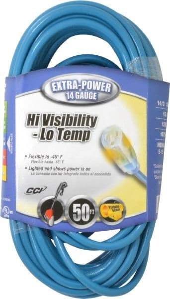 Southwire - 50', 14/3 Gauge/Conductors, Blue Outdoor Extension Cord - 1 Receptacle, 15 Amps, 125 VAC, UL SJTW, NEMA 5-15P, 5-15R - Caliber Tooling