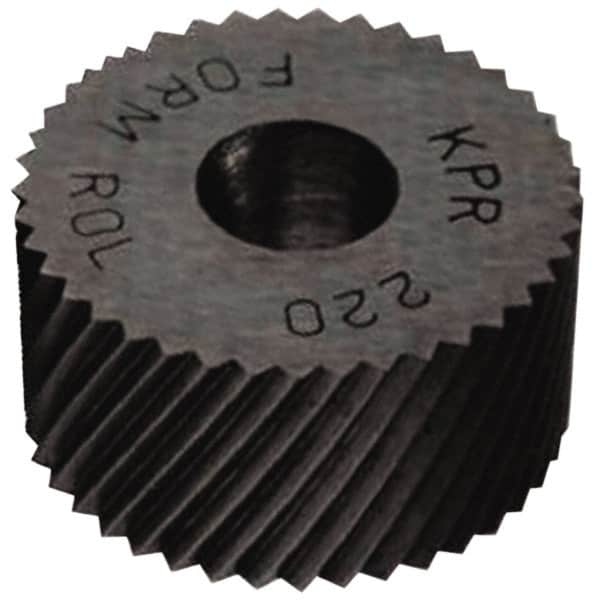 Made in USA - 3/4" Diam, 80° Tooth Angle, Standard (Shape), Form Type High Speed Steel Right-Hand Diagonal Knurl Wheel - 1/2" Face Width, 1/4" Hole, 160 Diametral Pitch, 30° Helix, Bright Finish, Series KR - Exact Industrial Supply