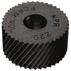 Made in USA - 3/4" Diam, 70° Tooth Angle, 50 TPI, Standard (Shape), Form Type High Speed Steel Right-Hand Diagonal Knurl Wheel - 1/4" Face Width, 1/4" Hole, Circular Pitch, 30° Helix, Bright Finish, Series KN - Exact Industrial Supply