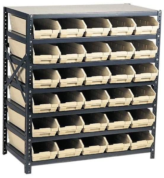 Quantum Storage - 2,100 Lb Capacity, 18" Deep x 36" Wide x 39" High, Steel Floor Rack - 1 Side, 48 Ivory Polyethylene/Polypropylene Bins - Caliber Tooling