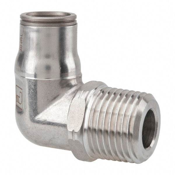 Legris - 1/2" Outside Diam, 1/2 NPT, Stainless Steel Push-to-Connect Male Elbow - 435 Max psi, Tube to Male NPT Connection, FKM O-Ring - Caliber Tooling