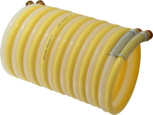 Coilhose Pneumatics - 3/8" ID, 3/8 Thread, 12' Long, Yellow & Natural Nylon Coiled & Self Storing Hose - 165 Max psi, Male Swivel x Male Swivel - Caliber Tooling