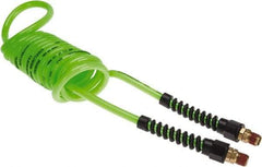 Coilhose Pneumatics - 1/4" ID, 1/4 Thread, 10' Long, Neon Green Polyurethane Coiled & Self Storing Hose - 125 Max psi, Male Swivel x Male Swivel with Strain Relief - Caliber Tooling