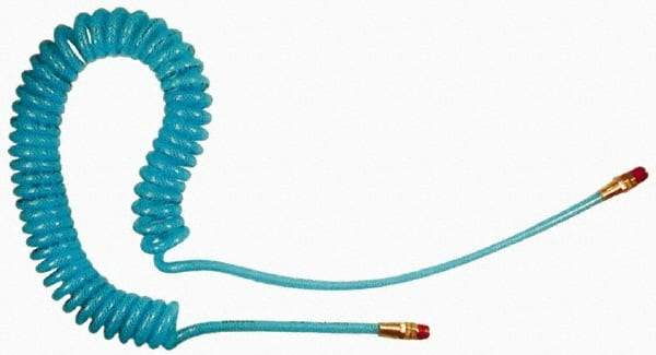 Coilhose Pneumatics - 3/8" ID, 1/4 Thread, 20' Long, Transparent Blue Polyurethane Coiled & Self Storing Hose - 200 Max psi, Male Swivel x Male Swivel - Caliber Tooling