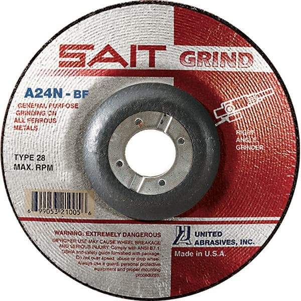 Sait - 24 Grit, 4-1/2" Wheel Diam, 1/4" Wheel Thickness, 7/8" Arbor Hole, Type 28 Depressed Center Wheel - Aluminum Oxide, Resinoid Bond, N Hardness, 13,300 Max RPM, Compatible with Angle Grinder - Caliber Tooling