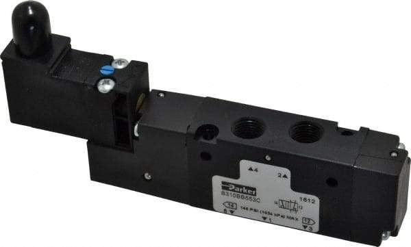 Parker - 1/8", 4-Way Body Ported Stacking Solenoid Valve - 120 VAC, 0.75 CV Rate, Air Return, 2.14" High x 4.67" Long - Caliber Tooling