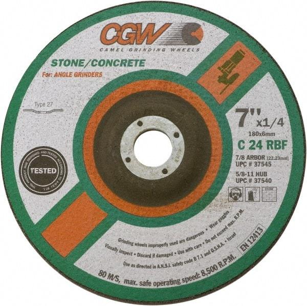 Camel Grinding Wheels - 24 Grit, 9" Wheel Diam, 1/4" Wheel Thickness, Type 27 Depressed Center Wheel - Coarse Grade, Silicon Carbide, Resinoid Bond, 6,650 Max RPM - Caliber Tooling