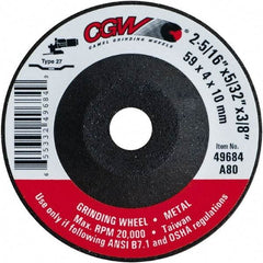 Camel Grinding Wheels - 80 Grit, 2-5/16" Wheel Diam, 5/32" Wheel Thickness, 3/8" Arbor Hole, Type 27 Depressed Center Wheel - Medium Grade, Aluminum Oxide, Resinoid Bond, 20,000 Max RPM - Caliber Tooling