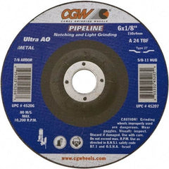 Camel Grinding Wheels - 24 Grit, 5" Wheel Diam, 1/8" Wheel Thickness, Type 27 Depressed Center Wheel - Coarse Grade, Aluminum Oxide, Resinoid Bond, 12,250 Max RPM - Caliber Tooling