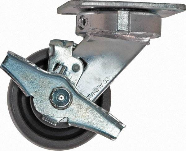 Caster Connection - 4" Diam x 2" Wide x 5-5/8" OAH Top Plate Mount Swivel Caster with Brake - Nylon, 1,000 Lb Capacity, Sealed Precision Ball Bearing, 4 x 4-1/2" Plate - Caliber Tooling