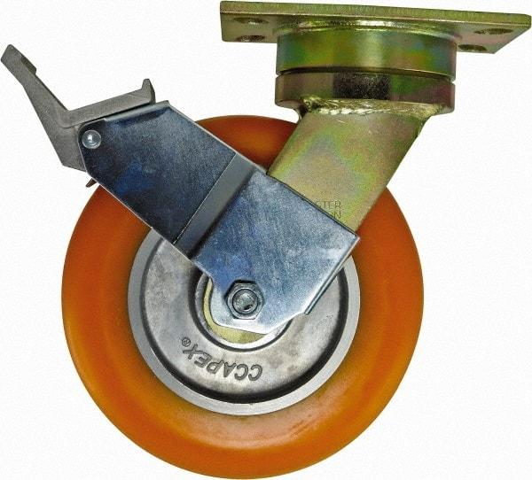 Caster Connection - 8" Diam x 2" Wide x 10-1/8" OAH Top Plate Mount Swivel Caster with Brake - Polyurethane, 1,200 Lb Capacity, Sealed Precision Ball Bearing, 4-1/2 x 6-1/4" Plate - Caliber Tooling