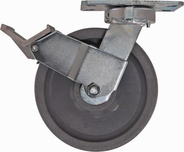 Caster Connection - 8" Diam x 2" Wide x 9-1/2" OAH Top Plate Mount Swivel Caster with Brake - Nylon, 2,000 Lb Capacity, Sealed Precision Ball Bearing, 4-1/2 x 6-1/4" Plate - Caliber Tooling