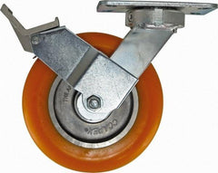 Caster Connection - 8" Diam x 2" Wide x 9-1/2" OAH Top Plate Mount Swivel Caster with Brake - Polyurethane, 1,200 Lb Capacity, Sealed Precision Ball Bearing, 4-1/2 x 6-1/4" Plate - Caliber Tooling