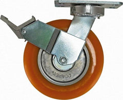 Caster Connection - 8" Diam x 2" Wide x 9-1/2" OAH Top Plate Mount Swivel Caster with Brake - Polyurethane, 1,200 Lb Capacity, Sealed Precision Ball Bearing, 4-1/2 x 6-1/4" Plate - Caliber Tooling