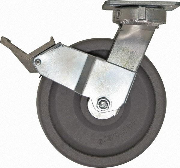 Caster Connection - 8" Diam x 2" Wide x 10-1/8" OAH Top Plate Mount Swivel Caster with Brake - Nylon, 2,000 Lb Capacity, Sealed Precision Ball Bearing, 4 x 4-1/2" Plate - Caliber Tooling