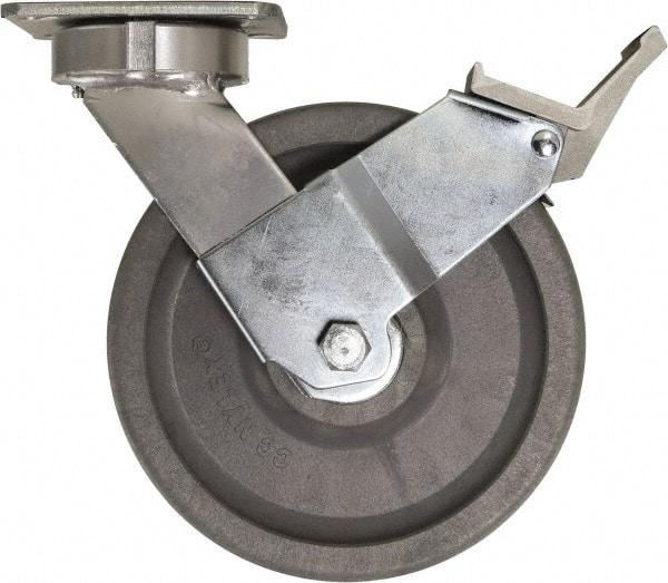 Caster Connection - 8" Diam x 2" Wide x 9-1/2" OAH Top Plate Mount Swivel Caster with Brake - Nylon, 2,000 Lb Capacity, Sealed Precision Ball Bearing, 4 x 4-1/2" Plate - Caliber Tooling