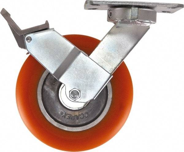 Caster Connection - 8" Diam x 2" Wide x 10-1/8" OAH Top Plate Mount Swivel Caster with Brake - Polyurethane, 1,200 Lb Capacity, Sealed Precision Ball Bearing, 4-1/2 x 6-1/4" Plate - Caliber Tooling