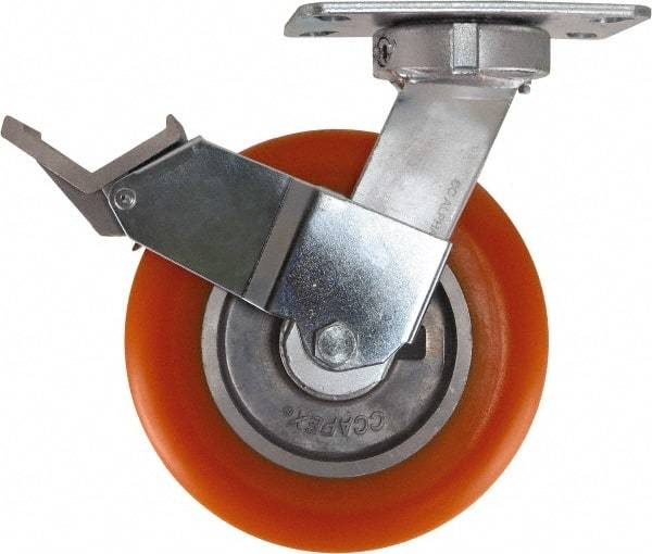 Caster Connection - 8" Diam x 2" Wide x 10-1/8" OAH Top Plate Mount Swivel Caster with Brake - Polyurethane, 1,200 Lb Capacity, Sealed Precision Ball Bearing, 4-1/2 x 6-1/4" Plate - Caliber Tooling