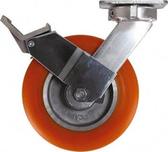 Caster Connection - 8" Diam x 2" Wide x 10-1/8" OAH Top Plate Mount Swivel Caster with Brake - Polyurethane, 1,200 Lb Capacity, Sealed Precision Ball Bearing, 4 x 4-1/2" Plate - Caliber Tooling