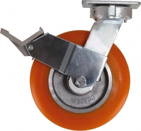 Caster Connection - 8" Diam x 2" Wide x 10-1/8" OAH Top Plate Mount Swivel Caster with Brake - Polyurethane, 1,200 Lb Capacity, Sealed Precision Ball Bearing, 4 x 4-1/2" Plate - Caliber Tooling