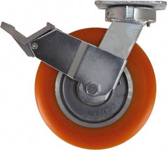 Caster Connection - 8" Diam x 2" Wide x 9-1/2" OAH Top Plate Mount Swivel Caster with Brake - Polyurethane, 1,200 Lb Capacity, Sealed Precision Ball Bearing, 4 x 4-1/2" Plate - Caliber Tooling