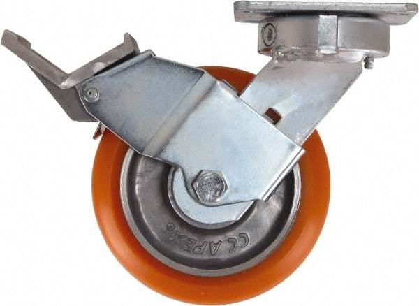 Caster Connection - 6" Diam x 2" Wide x 7-1/2" OAH Top Plate Mount Swivel Caster with Brake - Polyurethane, 1,000 Lb Capacity, Sealed Precision Ball Bearing, 4 x 4-1/2" Plate - Caliber Tooling