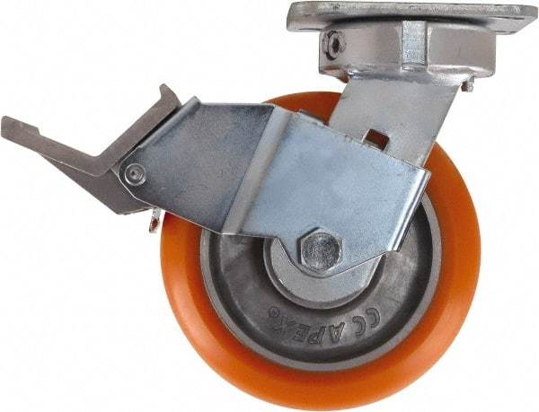 Caster Connection - 6" Diam x 2" Wide x 7-1/2" OAH Top Plate Mount Swivel Caster with Brake - Polyurethane, 1,000 Lb Capacity, Sealed Precision Ball Bearing, 4 x 4-1/2" Plate - Caliber Tooling