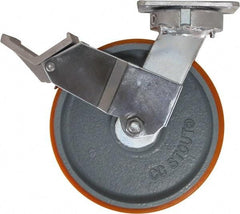 Caster Connection - 8" Diam x 2" Wide x 9-1/2" OAH Top Plate Mount Swivel Caster with Brake - Polyurethane, 1,500 Lb Capacity, Sealed Precision Ball Bearing, 4 x 4-1/2" Plate - Caliber Tooling