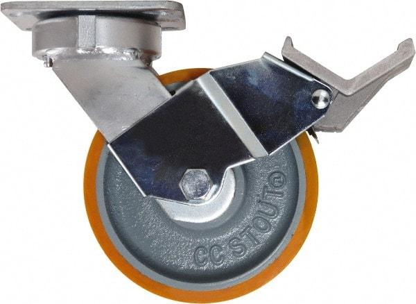 Caster Connection - 6" Diam x 2" Wide x 7-1/2" OAH Top Plate Mount Swivel Caster with Brake - Polyurethane, 1,250 Lb Capacity, Sealed Precision Ball Bearing, 4 x 4-1/2" Plate - Caliber Tooling