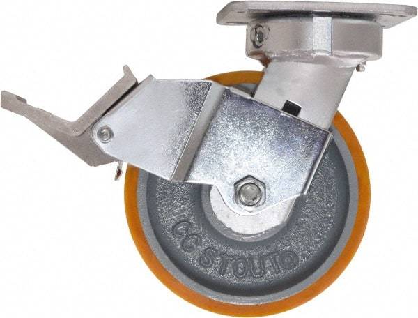 Caster Connection - 6" Diam x 2" Wide x 7-1/2" OAH Top Plate Mount Swivel Caster with Brake - Polyurethane, 1,250 Lb Capacity, Sealed Precision Ball Bearing, 4 x 4-1/2" Plate - Caliber Tooling