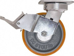 Caster Connection - 6" Diam x 2" Wide x 7-1/2" OAH Top Plate Mount Swivel Caster with Brake - Polyurethane, 1,250 Lb Capacity, Sealed Precision Ball Bearing, 4 x 4-1/2" Plate - Caliber Tooling