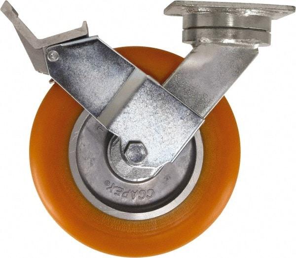 Caster Connection - 8" Diam x 2" Wide x 9-1/2" OAH Top Plate Mount Swivel Caster with Brake - Polyurethane, 1,200 Lb Capacity, Sealed Precision Ball Bearing, 4 x 4-1/2" Plate - Caliber Tooling