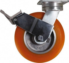 Caster Connection - 8" Diam x 2" Wide x 9-1/2" OAH Top Plate Mount Swivel Caster with Brake - Polyurethane, 1,200 Lb Capacity, Sealed Precision Ball Bearing, 4 x 4-1/2" Plate - Caliber Tooling