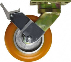 Caster Connection - 8" Diam x 1-1/4" Wide x 10-1/8" OAH Top Plate Mount Swivel Caster with Brake - Polyurethane, 1,200 Lb Capacity, Sealed Precision Ball Bearing, 4-1/2 x 6-1/4" Plate - Caliber Tooling