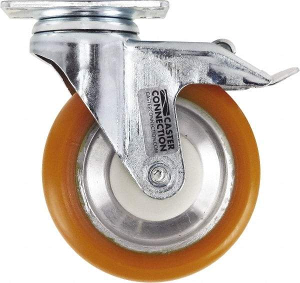 Caster Connection - 5" Diam x 1-1/4" Wide x 6-1/4" OAH Top Plate Mount Swivel Caster with Brake - Polyurethane, 450 Lb Capacity, Sealed Precision Ball Bearing, 2-3/8 x 3-5/8" Plate - Caliber Tooling