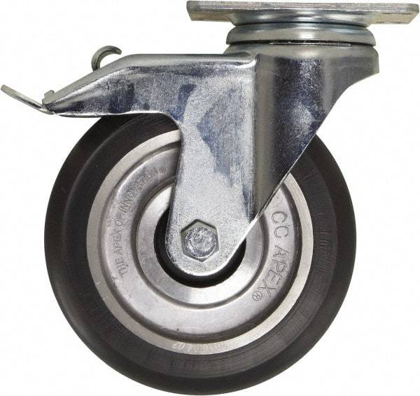 Caster Connection - 5" Diam x 1-1/4" Wide x 6-1/4" OAH Top Plate Mount Swivel Caster with Brake - Polyurethane, 450 Lb Capacity, Sealed Precision Ball Bearing, 2-3/8 x 3-5/8" Plate - Caliber Tooling