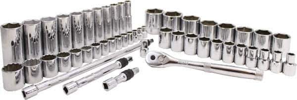 Proto - 50 Piece 3/8" & 1/2" Drive Chrome Finish Deep Well Socket Set - 6, 12 Points, 5/16" to 1-1/2" Range, Inch Measurement Standard - Caliber Tooling