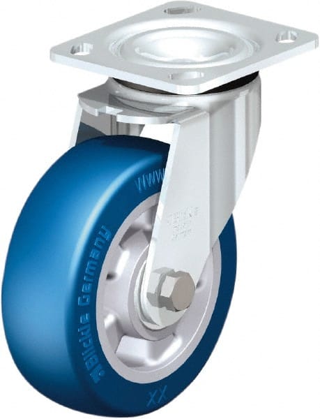 Swivel Top Plate Caster: Polyurethane, 6″ Wheel Dia, 2″ Wheel Width, 1,100 lb Capacity, 7-1/2″ OAH Polyurethane, 1,100 Lb Capacity, Ball Bearing, 4 x 4-1/2″ Plate