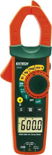 Extech - EX650, CAT III, Digital True RMS Auto Ranging Clamp Meter with 1.18" Clamp On Jaws - 750 VAC, 1000 VDC, 600 AC Amps, Measures Voltage, Capacitance, Continuity, Current, Resistance - Caliber Tooling