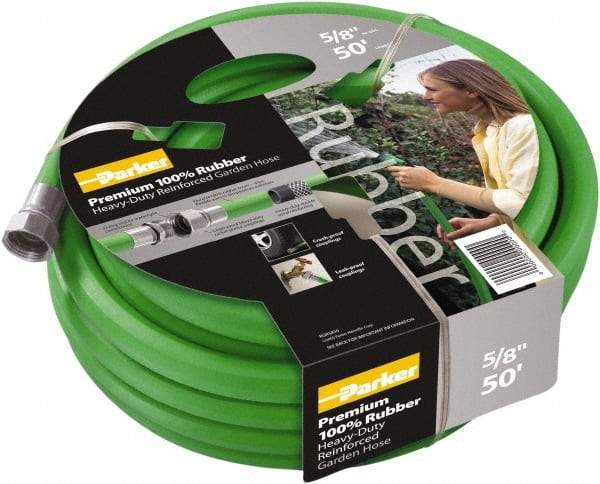 Parker - 100' Long Garden Hose - 5/8" Diam, 3/4" GHT, Rubber, 125 psi, Green - Caliber Tooling