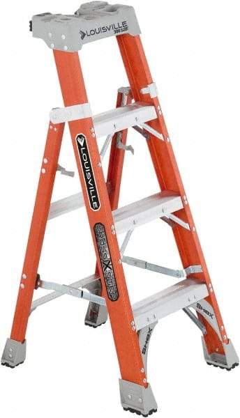 Louisville - 3 Steps, 4' High, Type IA Rating, Fiberglass Step Ladder - 300 Lb Capacity, 20-1/4" Base Width - Caliber Tooling