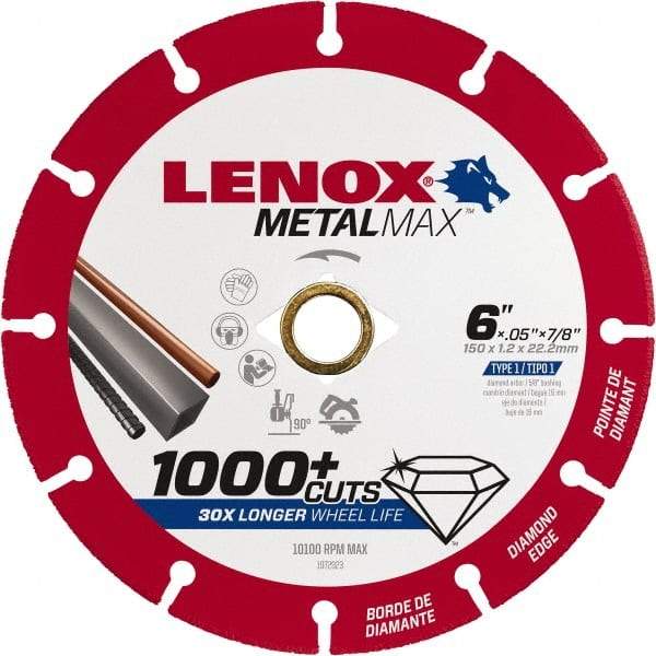 Lenox - 6" 40/50 Grit Diamond Cutoff Wheel - 0.05" Thick, 7/8" Arbor, 10,100 Max RPM, Use with Angle Grinders - Caliber Tooling