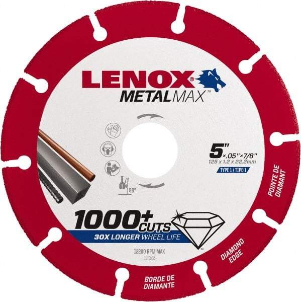 Lenox - 5" 40/50 Grit Diamond Cutoff Wheel - 0.05" Thick, 7/8" Arbor, 12,200 Max RPM, Use with Angle Grinders - Caliber Tooling