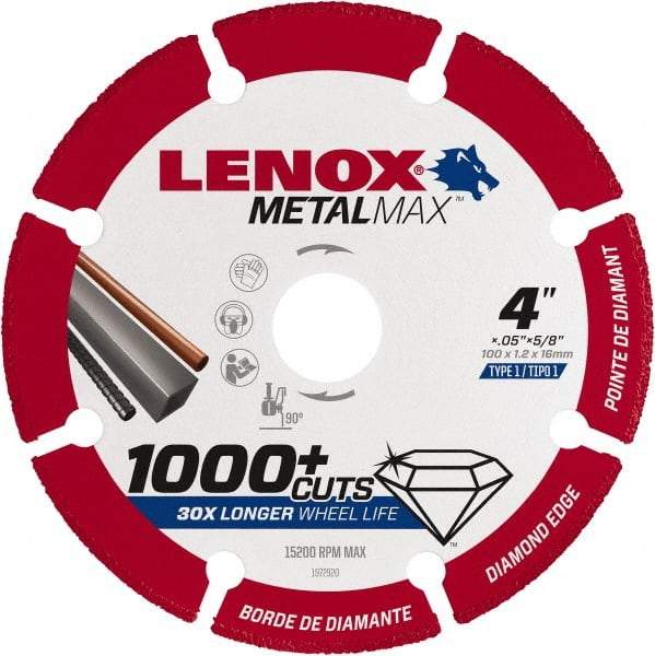 Lenox - 4" 40/50 Grit Diamond Cutoff Wheel - 0.05" Thick, 5/8" Arbor, 15,200 Max RPM, Use with Angle Grinders - Caliber Tooling