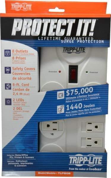 Tripp-Lite - 8 Outlets, 120 Volts, 15 Amps, 8' Cord, Power Outlet Strip - Free Hanging, Keyhole Mount, 5-15P NEMA Configuration, 9.55" Strip, UL1449 3rd Edition - Caliber Tooling